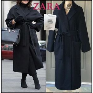 Zara BLACK Manteco 75% Wool Long Belted Coat